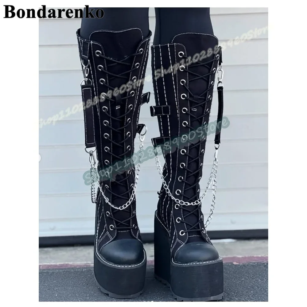 

Black Metal Chain Buckle Strap Platform Boots Wedges High Heel Shoes For Women Cross Tied Round Toe Casual Stylish Women Boots