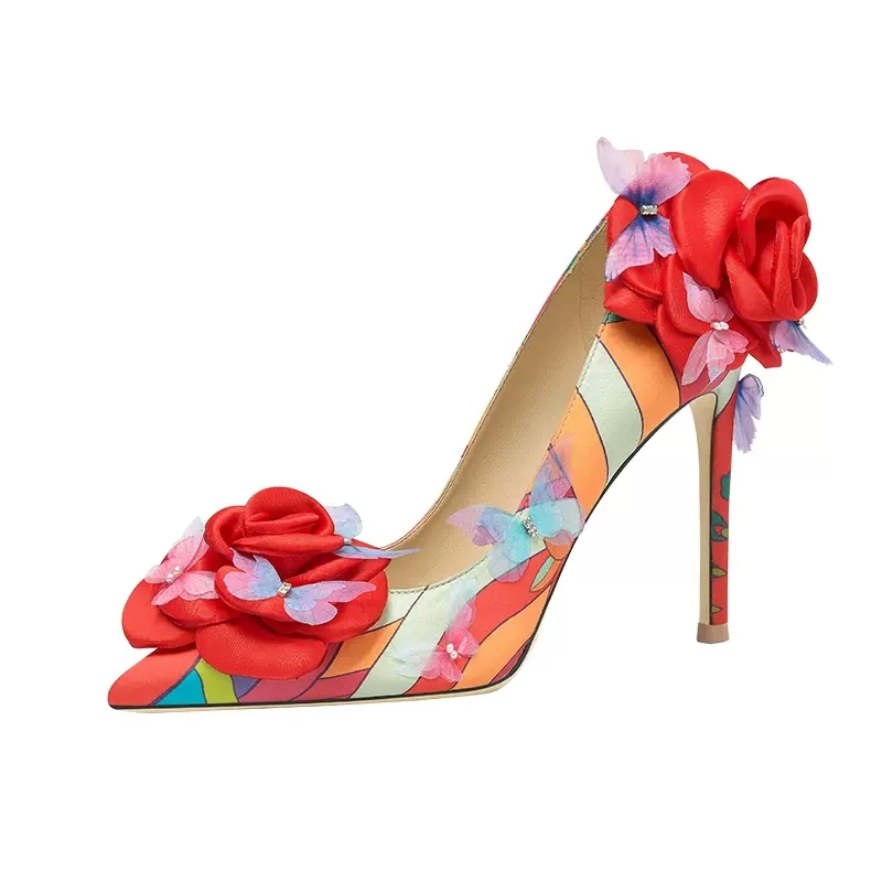 Spring and summer new pointy butterfly flower single shoes thin high heels party dress versatile large small women's shoes