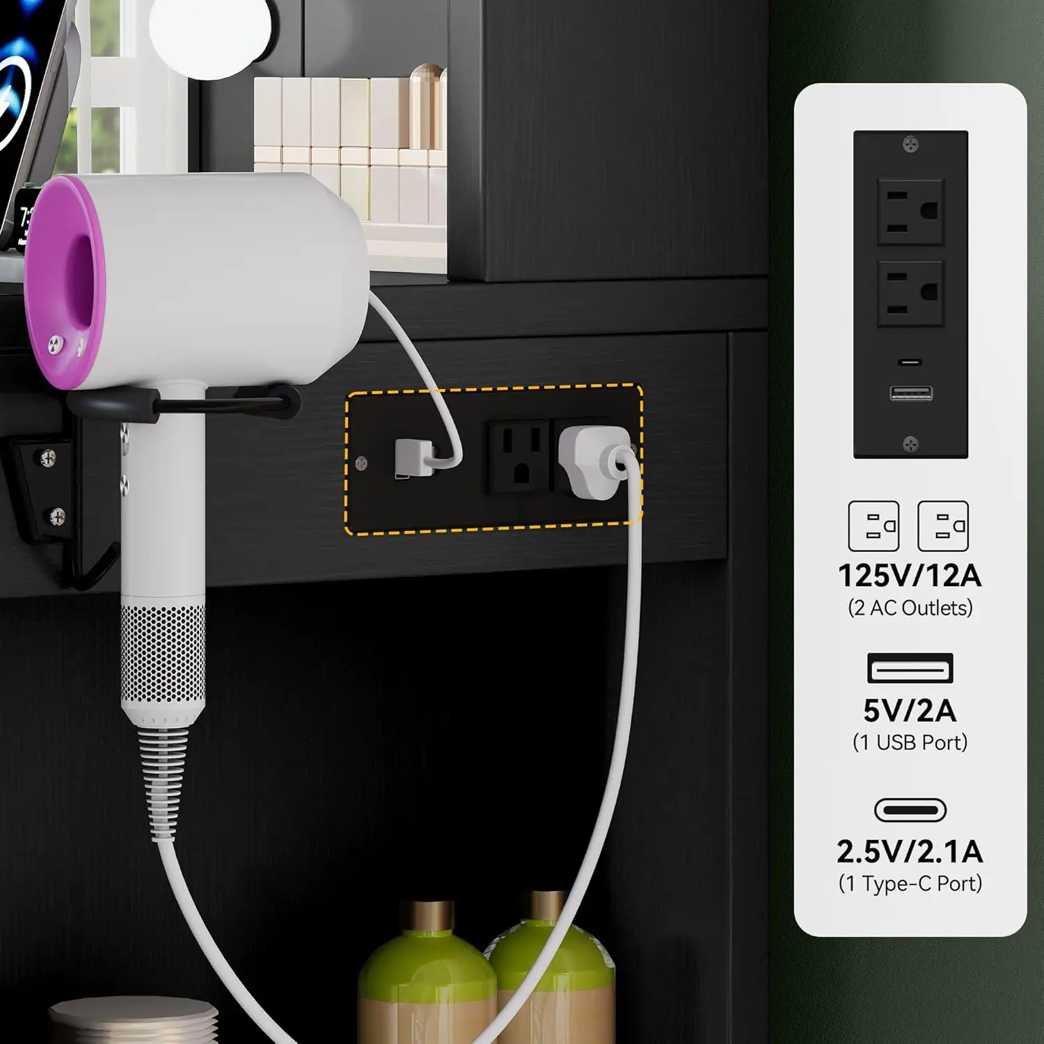 مكتب فانيتي مع مرآة ومخرج طاقة، طاولة مكياج مع 4 أدراج و6 أرفف تخزين، 3 ألوان إضاءة قابلة للتعديل