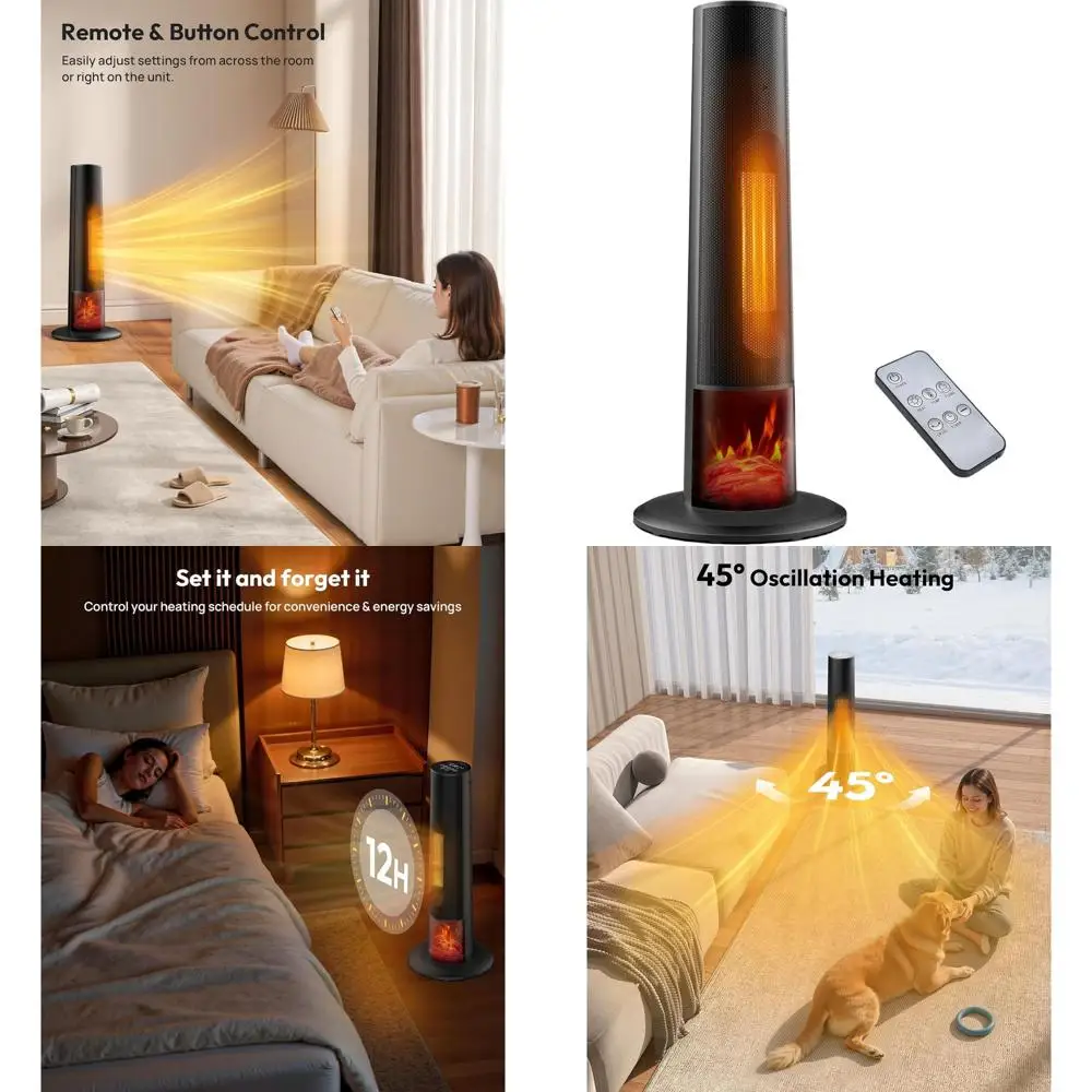 

Large Room Electric Fireplace Heater with 3D Flame, 50° Oscillation, 12H Timer, Safety Protections