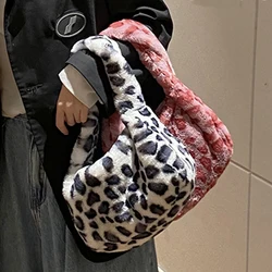 Fashion Cow Print Mini Shoulder Bags Female Winter Plush Underarm Bags Pink Leopard Zebra Pattern Fluffy Tote Bags Small Purses