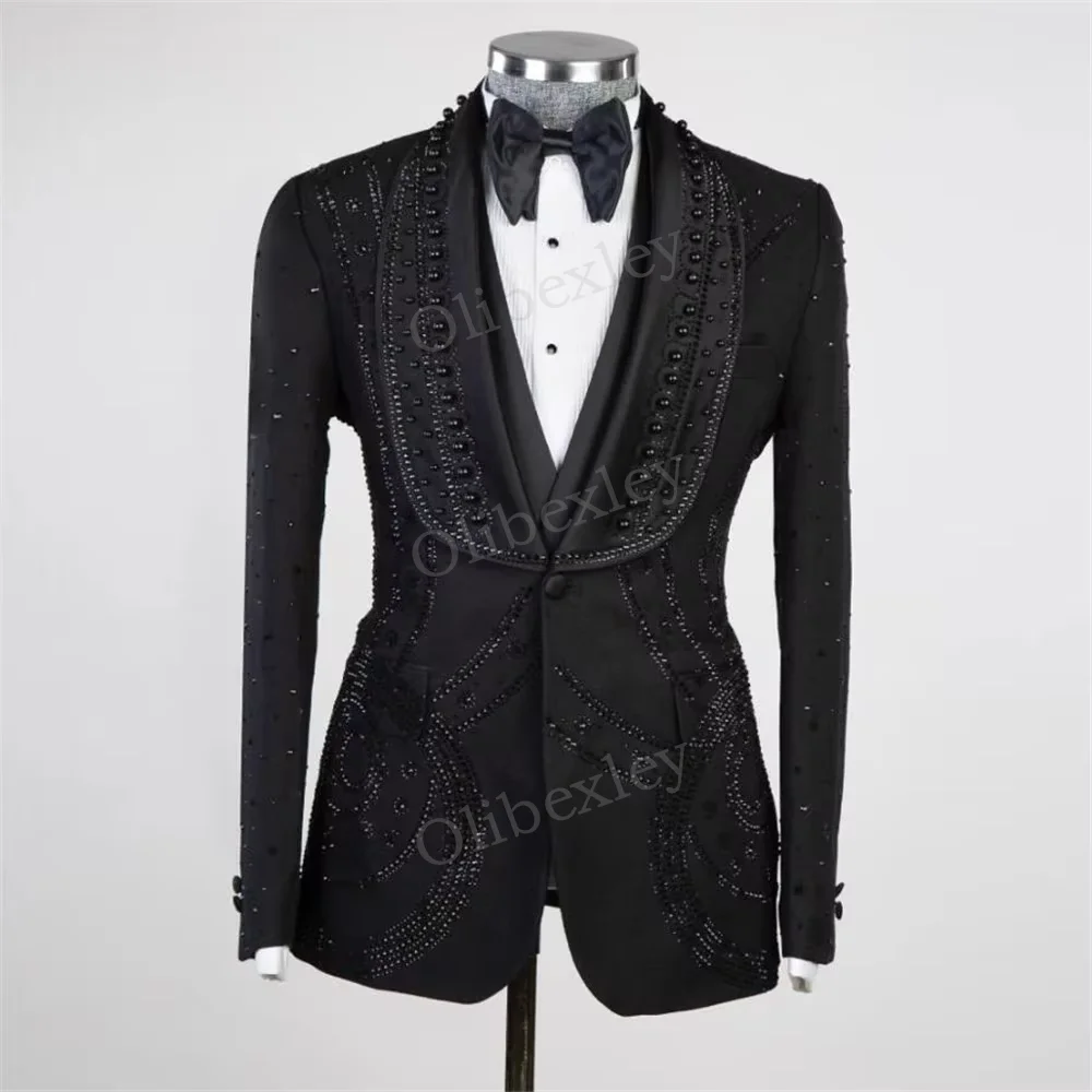 

Luxury Men's Black 2 Piece Suits Beaded Crystals One Button Slim Fit Tuxedos Wedding Groom Business Dinner Party