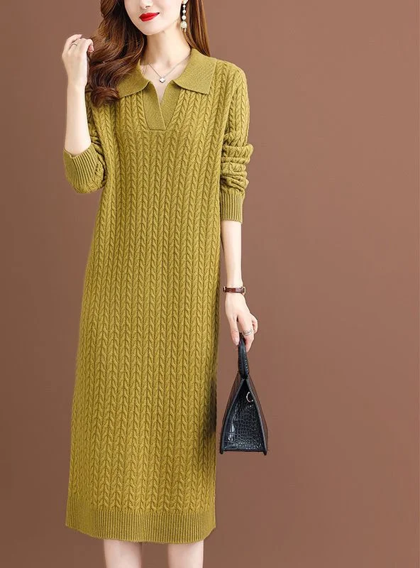 

Lapel Thick Twist Long Wool Base Dress 2024 Autumn/winter Knitted Cashmere Women Long Sleeve Knit Pullover Casual Dresses LU504