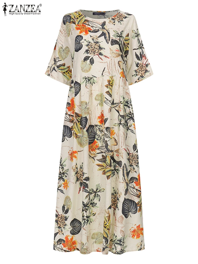 Sommer Bohemian Floral Print Kleid ZANZEA Frauen Vintage 3/4 Hülse Urlaub Maxi Sommerkleid Kaftan Robe Femme Casual Strand Vestidos