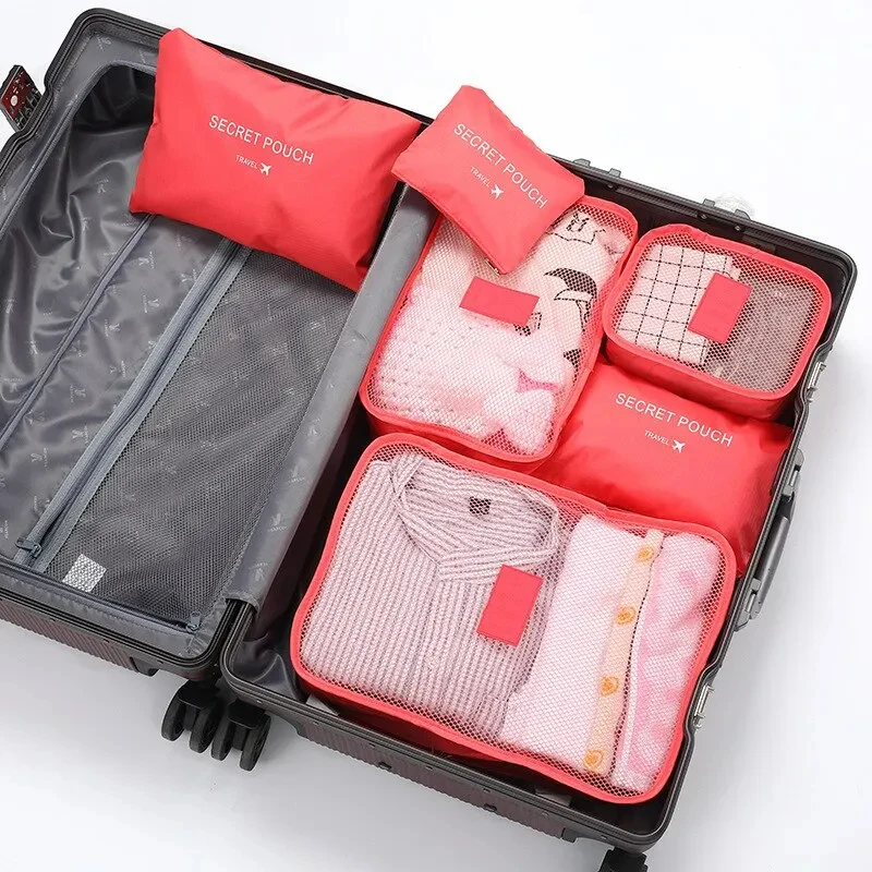 6Pcs Luggage Travel Bags Underwear Shoes Storage Bag Oxford Waterproof Cloth Suitcase Pouch Cube Red Organiser For Clothing