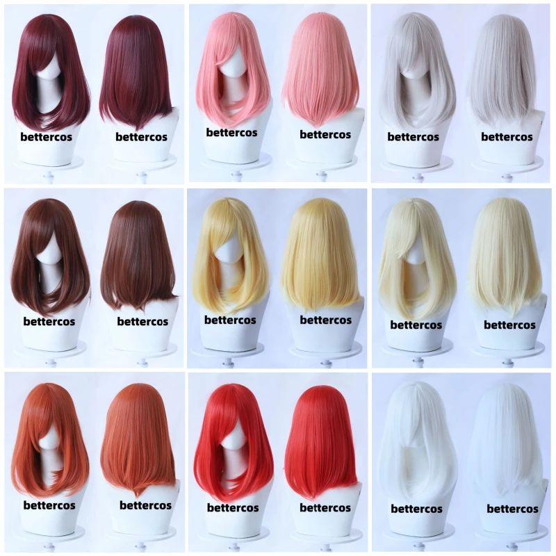 High Quality 40cm Medium Cosplay Wig With Bang Blond Pink Red white Gray Heat Resistant Synthetic Hair Wigs + Wig