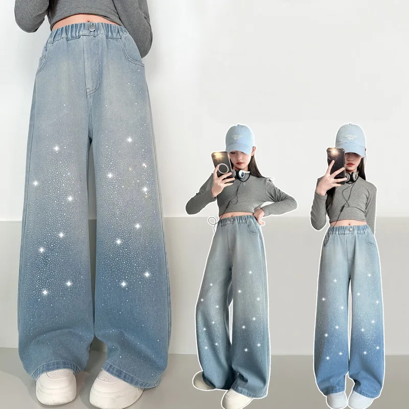 New Kids Designer Fashion Rhinestone Jeans for Teen Girls Street Wide-leg Denim Pants Children Elegant Spring Autumn Trousers