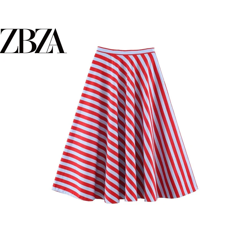 Retro Striped Midi Skirt Women's Fashion Color Block Layered Style Pumpkin Shape Slim Fit Polyester Fabric Summer 2026