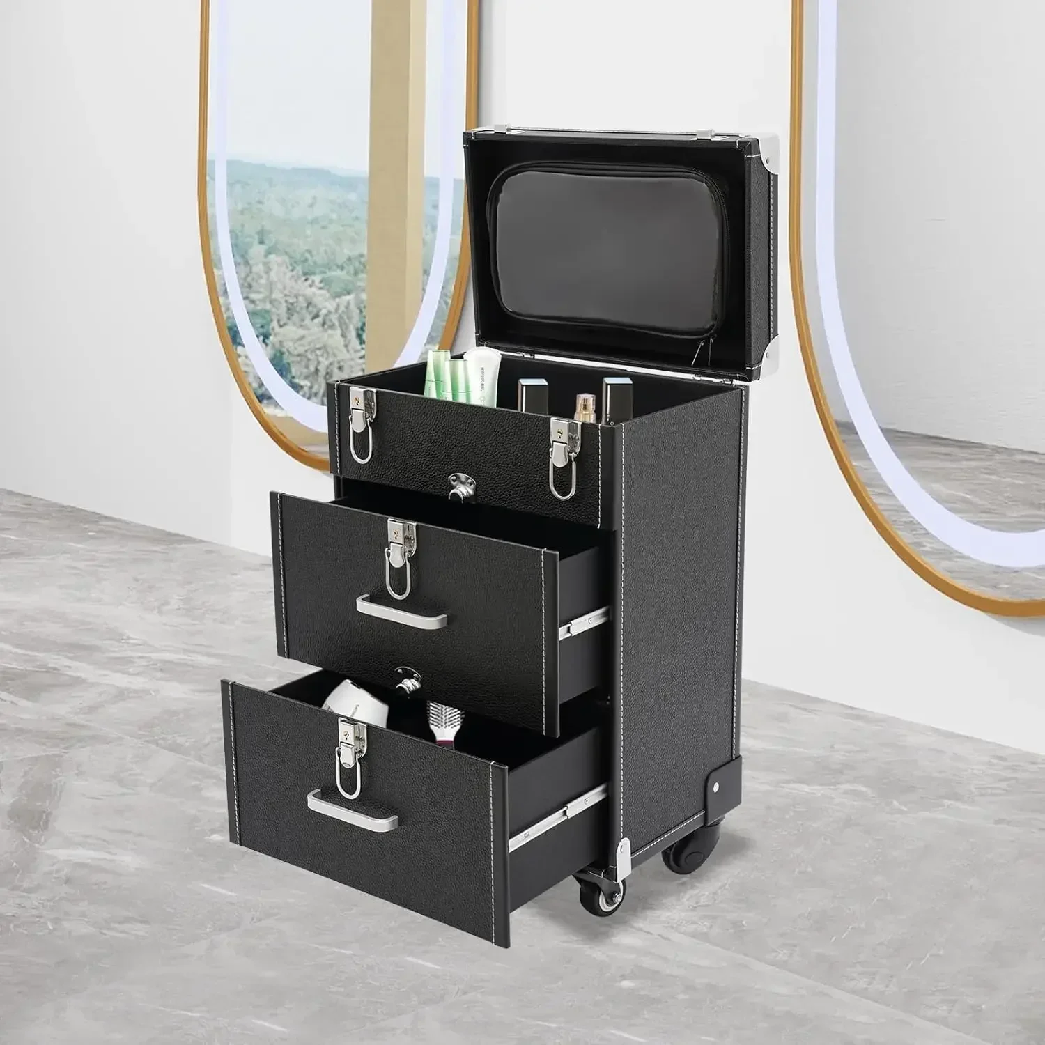 Professional Rolling Makeup Case, Cosmetic Case Trolley, Lockable Make Up Suitcase Cosmetic Trolley with Wheels for Salon Barber