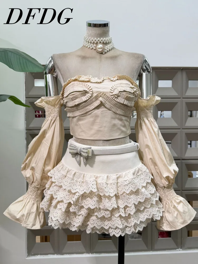 

DFDG Женская летняя многоуровневая юбка с открытыми плечами и объемными рукавами, топ-труба, высокая талия, кружевная многоуровневая юбка, комплект из 2 предметов для вечеринок