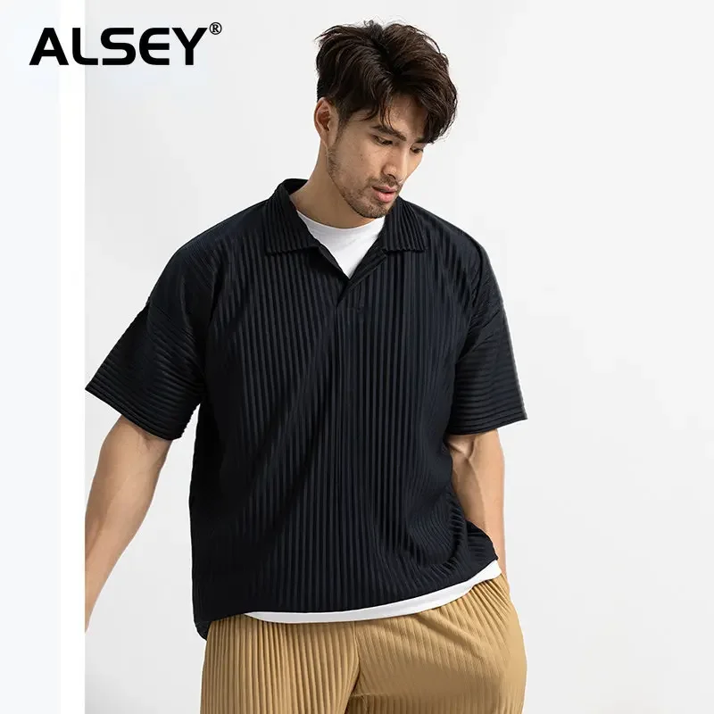 ALSEY Miyake Men's Wear Japanese Stretch Fabric Thin Loose Pleated Tops Lapel Short Sleeve Polo Shirts for Male New Clothing