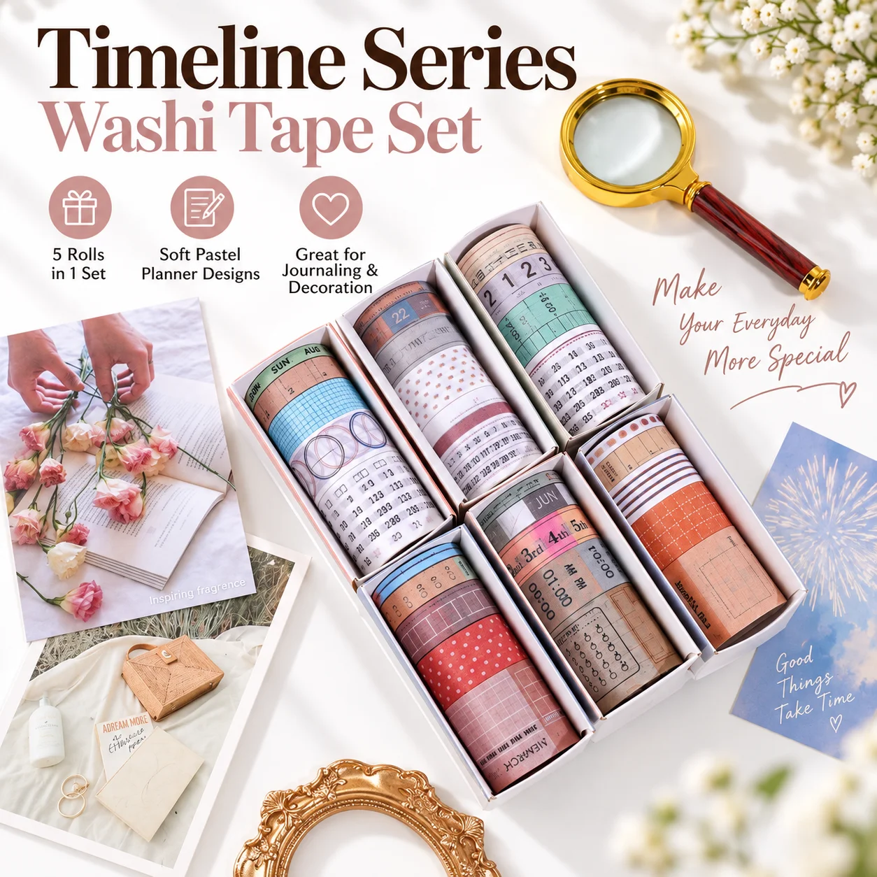 5 Rolls/Box 5 Widths X 2m Timeline Planner Washi Tape, Pastel For Scrapbook Journal Daily Plans Diy Craft Decorative Tape