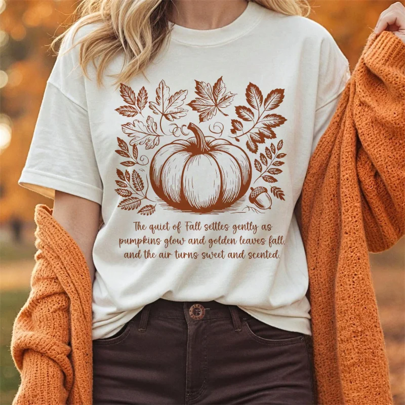

New T-Shirt Pumpkin Leaf Pattern Printed Women's T-Shirt Casual Printed Round Neck Women's Short Sleeve Halloween Autumn Top