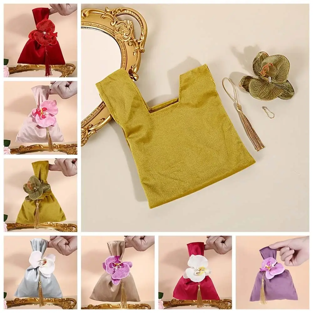 

Tassel Velvet Knot Handbag Vest Shape Tope Handle Flower Wrist Bag Small Tote Bag Jewerly Packing Bag Festive Sugar Bag Wedding