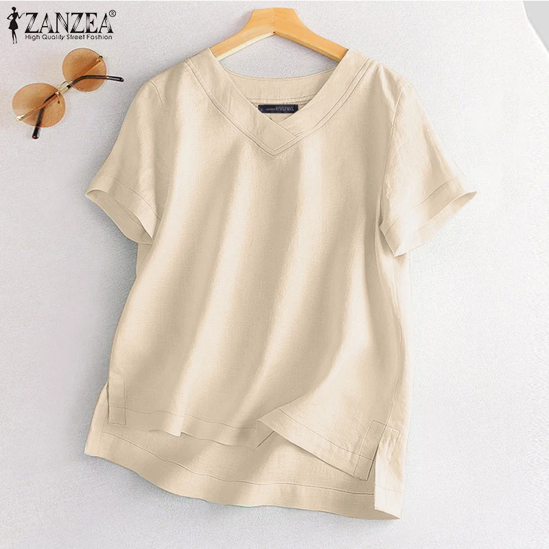 

Летняя однотонная блузка ZANZEA 2026 для женщин, с V-образным вырезом, коротким рукавом, повседневная свободная хлопковая туника, женская рабочая рубашка, блуза для офиса (Blusas Mujer)