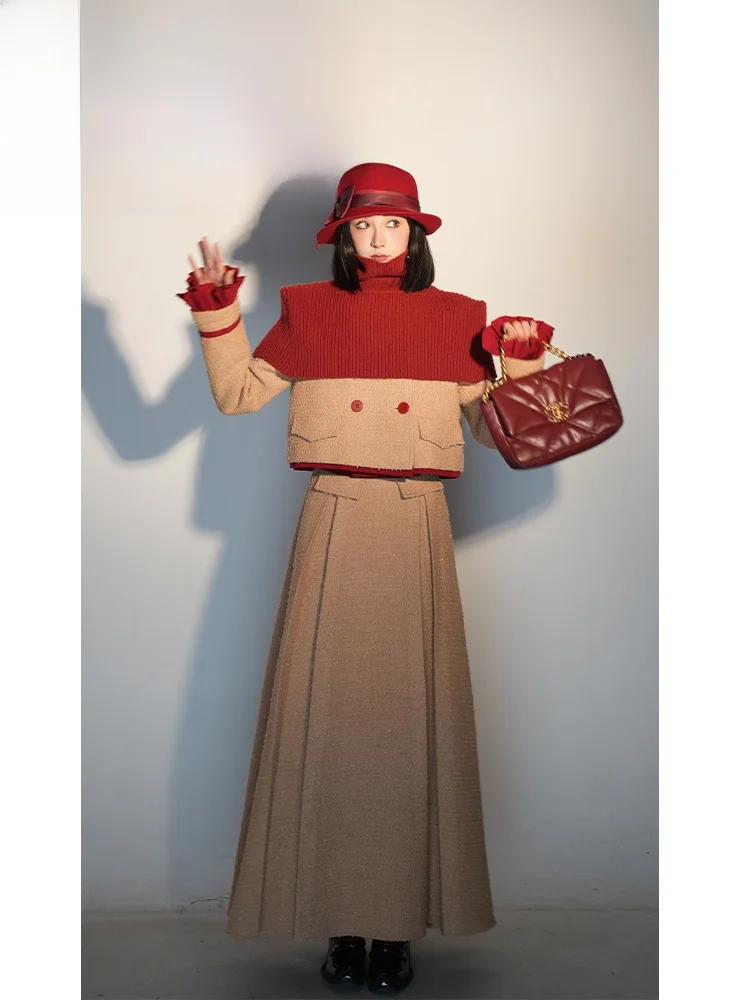 

PITAO Original Capri Breeze Jaet Skirt Set Luxury Autumn Winter Long Sve Faion Ensemble for Women