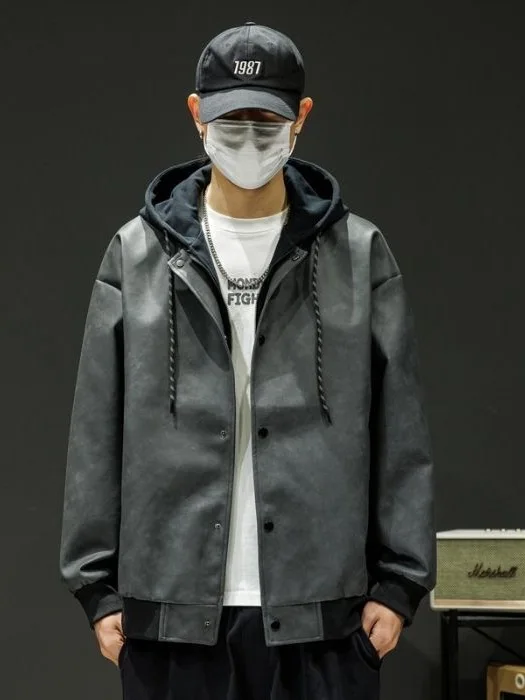 

Loose Fit Hooded PU Leather Jaet Men's Spring Autumn New Sle Couple's Trendy Workwear Baseball Coat Zipper Closure