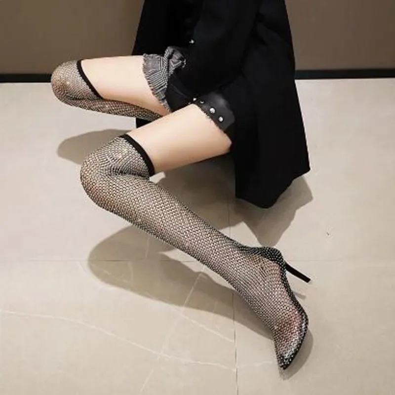 Boots Women New Rhinestone Fishnet Decor Stiletto High Heel Knee Hollow Sandals Full Mesh Woman Thigh High Over The Knee Sandals