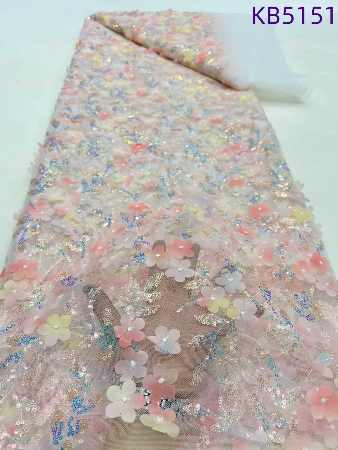 3D Flower Lace Fabric Sequence Tulle Lace African Fabric Lace High Quality 2025 Beaded Bridal Lace Fabric For Sewing KB5151