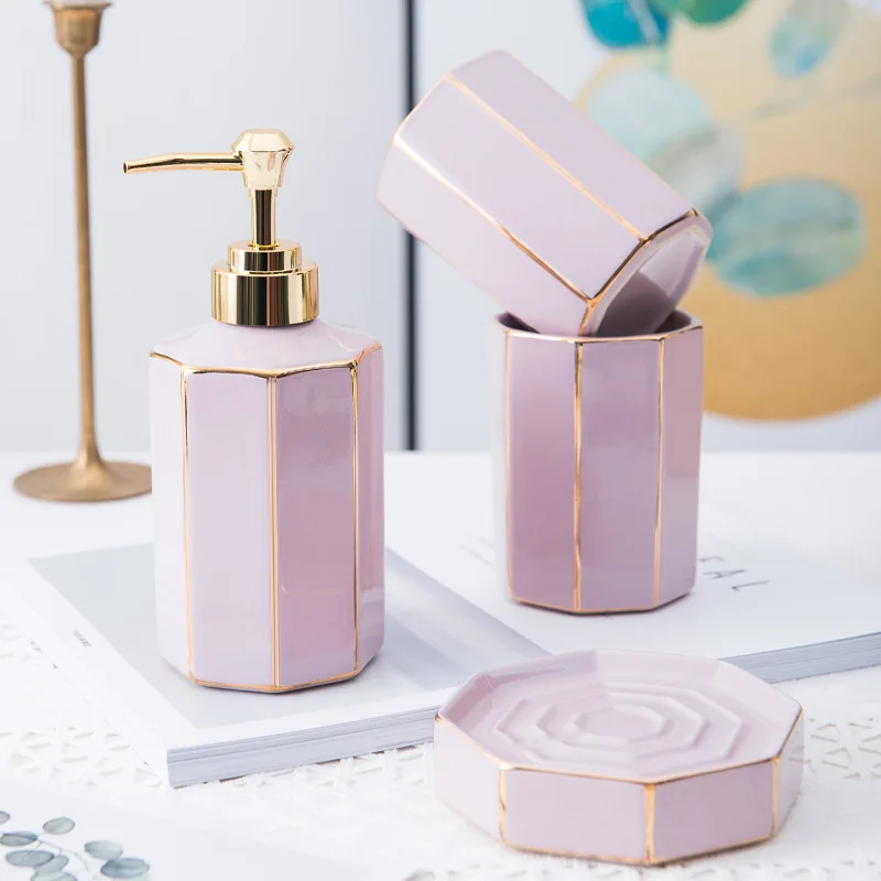 4pcs Pink Gold-plated Ceramic Bathroom Wash Set Hotel Toiletries Bathroom Accessories Home Furnishing Decoration Soap Dish