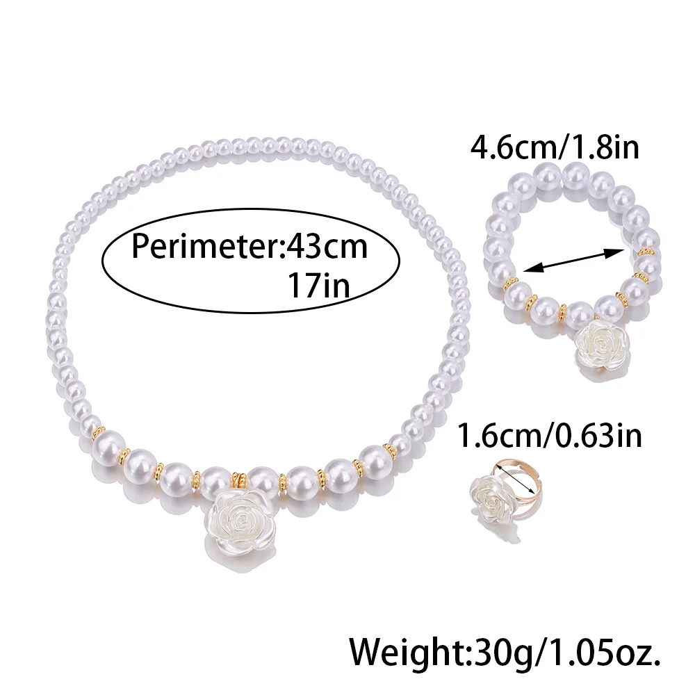 3pcs Set Cute Sweet Pearl Beaded White Camellia Flower Necklace Bracelet Ring for Women Girls Charm Children Jewelry Set Gift