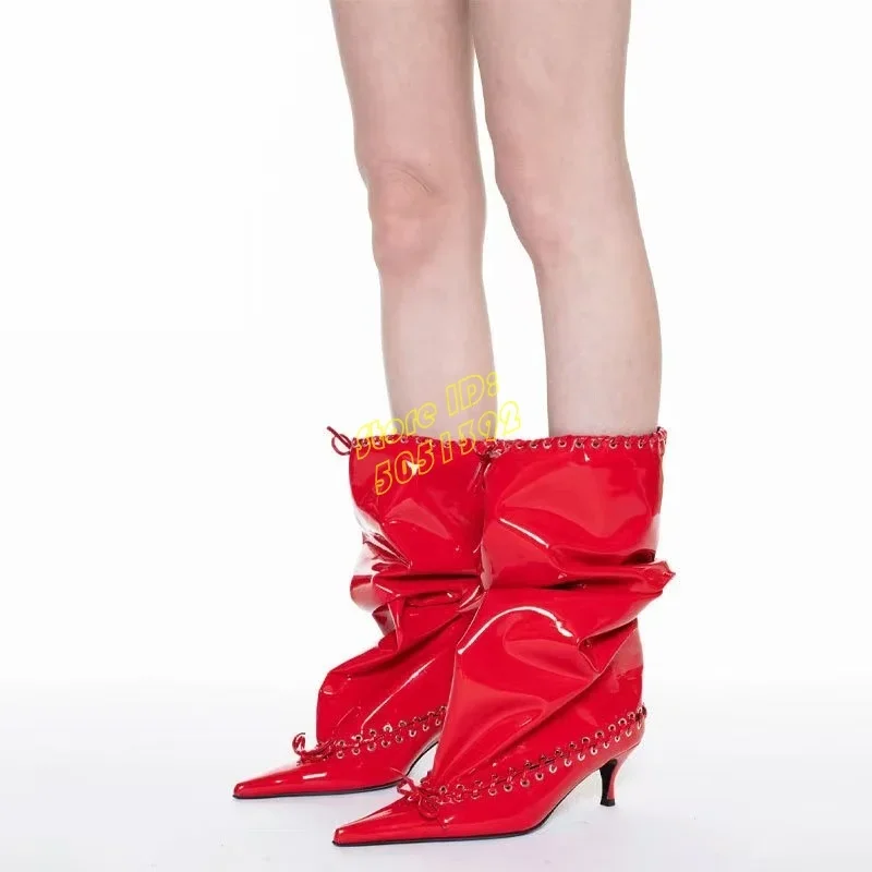 Slouchy Slip On Knight Boots Sexy Pointy Toe Stiletto Middle Heel Knee High Red Black White Patent Leather Runway 2026 Boots