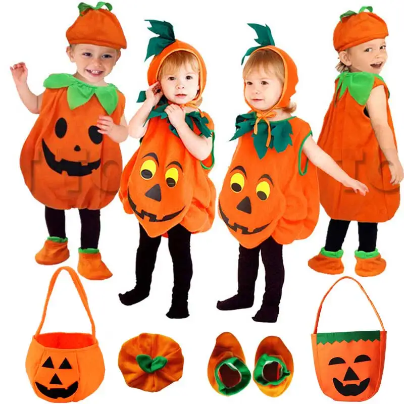 Kids Halloween Boys Girl Children Cosplay Pumpkin Costume Hat Tote Bag Set Cute Stage Playing Show Masquerade Party Clothing Set