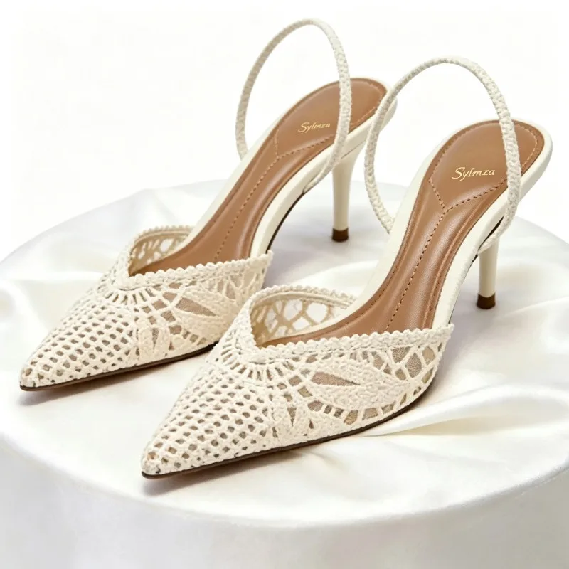 2026 Summer High-heeled Sandals Women Pointed Toe Woven Hollow Out Mesh High Heels for Ladies Wedding Party Banquet Dress Shoes