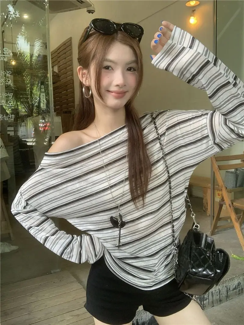 

Onalippa Slant Shoulder T-shirt Women Summer Slightly Translucent Long Sleeved Sunscreen Cover Lazy Style Air Conditioning Shirt