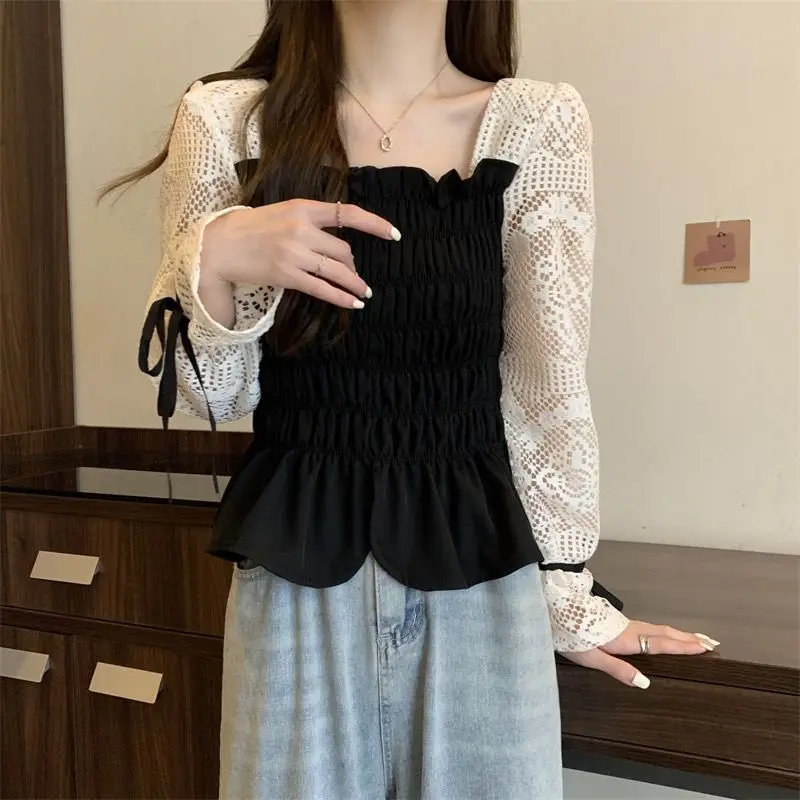 Hollow Out Patchwork Shirt Tops Spring Autumn New Fake Two Piece Contrast Slim Lace Korean Blouse Fashion Elegant Women Clothing