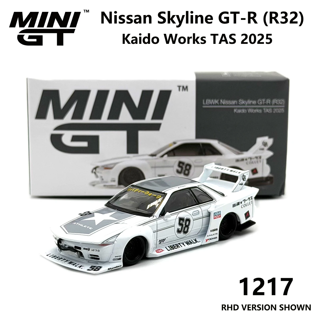 MiniGT 1217 1:64 LBWK Skyline GT-R (R32) Kaido Works TAS 2025 #58 White Widebody Diecast Model Car RHD MGT01217 in Stock