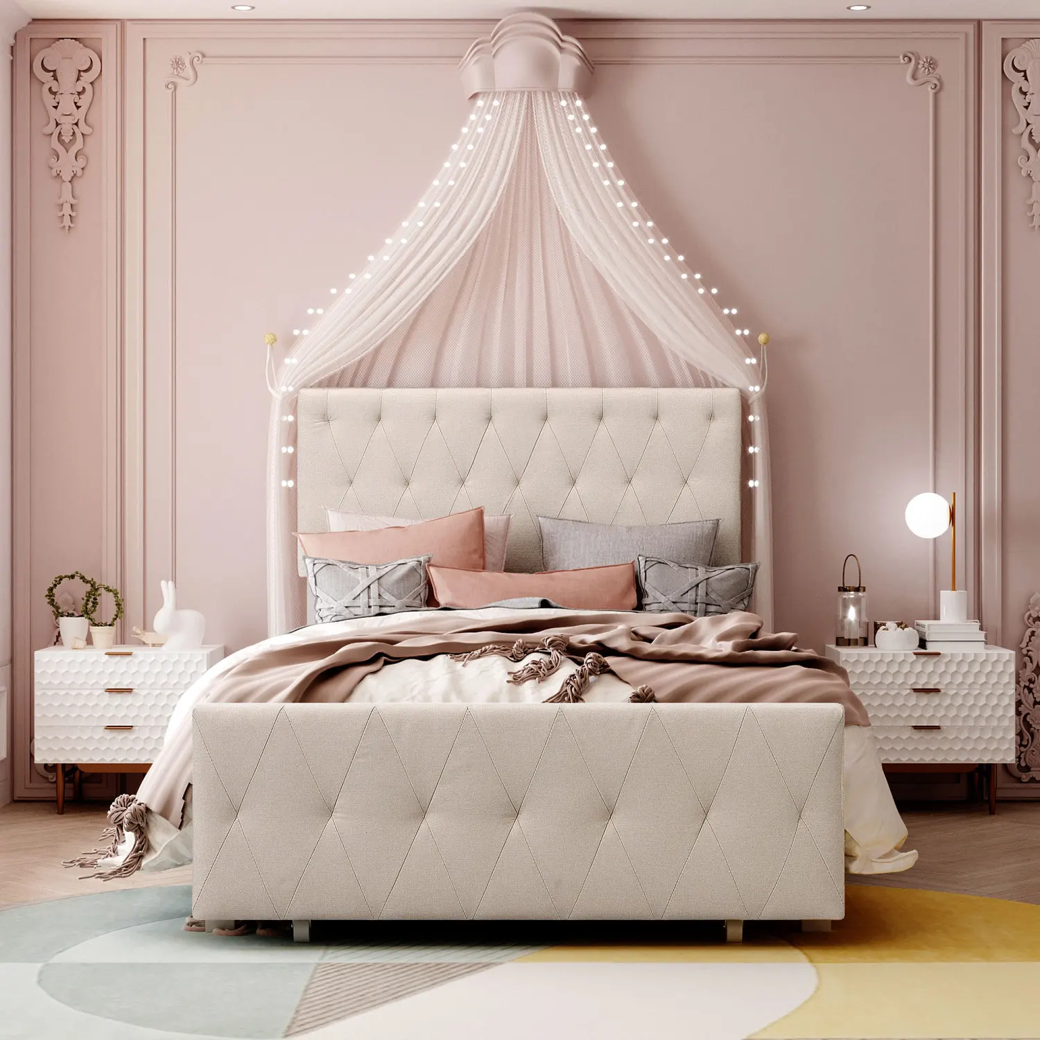 

Twin Size Storage Bed Metal Platform Bed with a Big Drawer - Beige