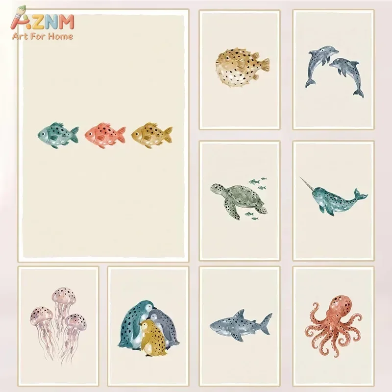 AZNM Watercolor Ocean Animal Canvas Wall Art, Sea Turtle Dolphin Shark Octopus Print, Neutral Underwater Poster for Kids Nursery