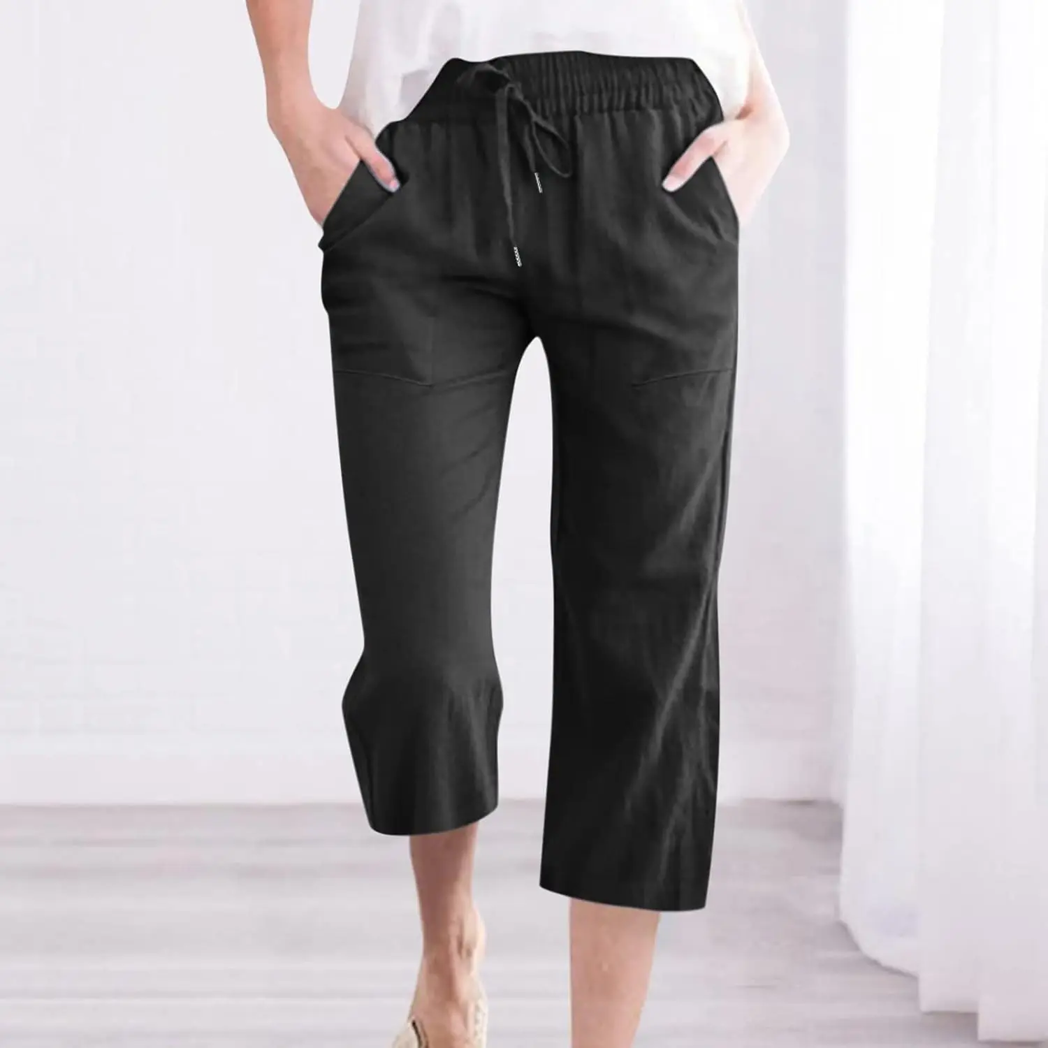 

ABOUTYES Capris Pants for Women 2024 Summer Casual Stretch Cotton Linen Capri Pant Drawstring Cropped High Waisted Trousers