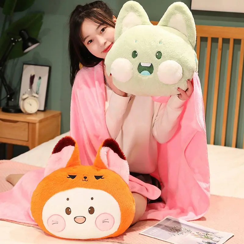 Kawaii Korean Dudu Cat&Rabbit Doll Plush Toy Hand Warmer Fox Stuffed Plushie Soft Kitten Cotton Sofa Cushion Pillow With Blanket