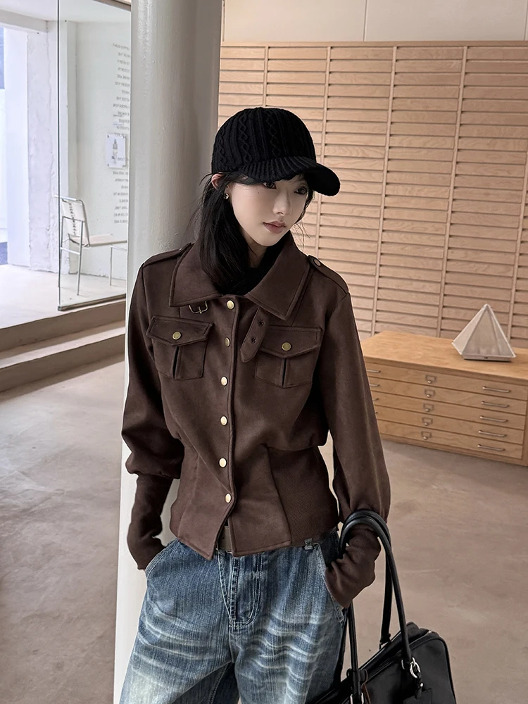 

URKR Retro Waist-Cinching Jaet Women's Slim Fit Spring Autumn Thin Casual American Sle Versatile ort Coat Polyester Blend