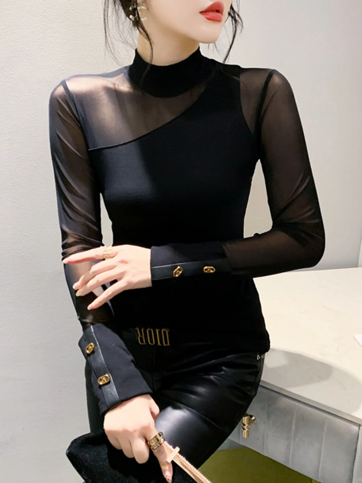 S-4XL Autumn Cotton Spliced Mesh T-shirt Women Half High Collar Long Sleeve Stretch Slim Black Tees Tops BH9859