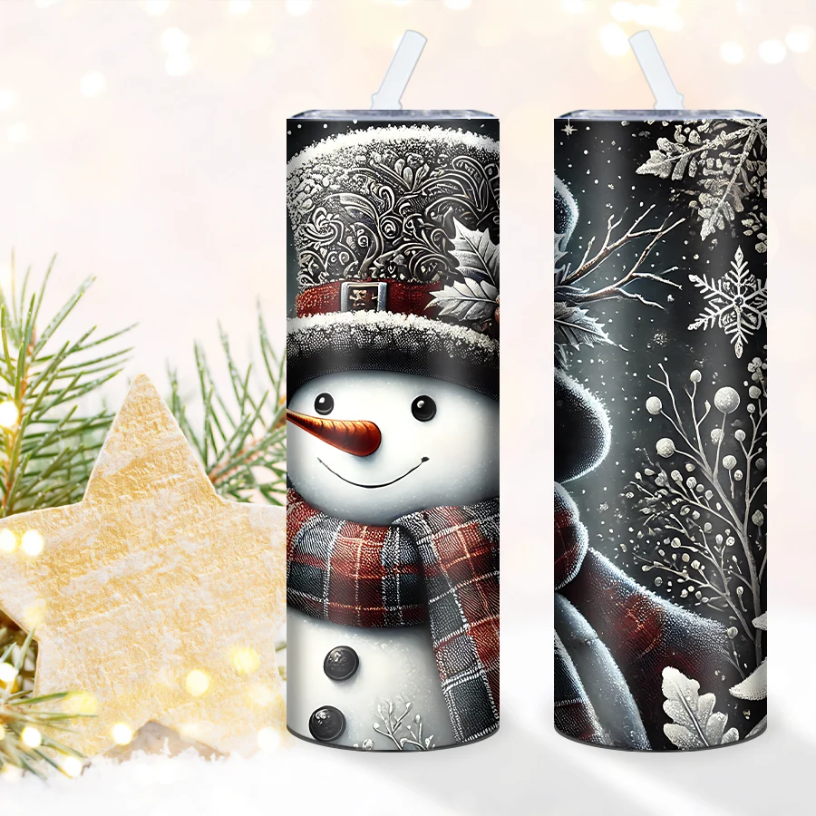 1Pc Christmas Drink Mug Straw Lid 1Pc 20oz Stainless Steel Hot Cold Insulated Cups 3D Print Snowman Party Tumblers Birthday Gift