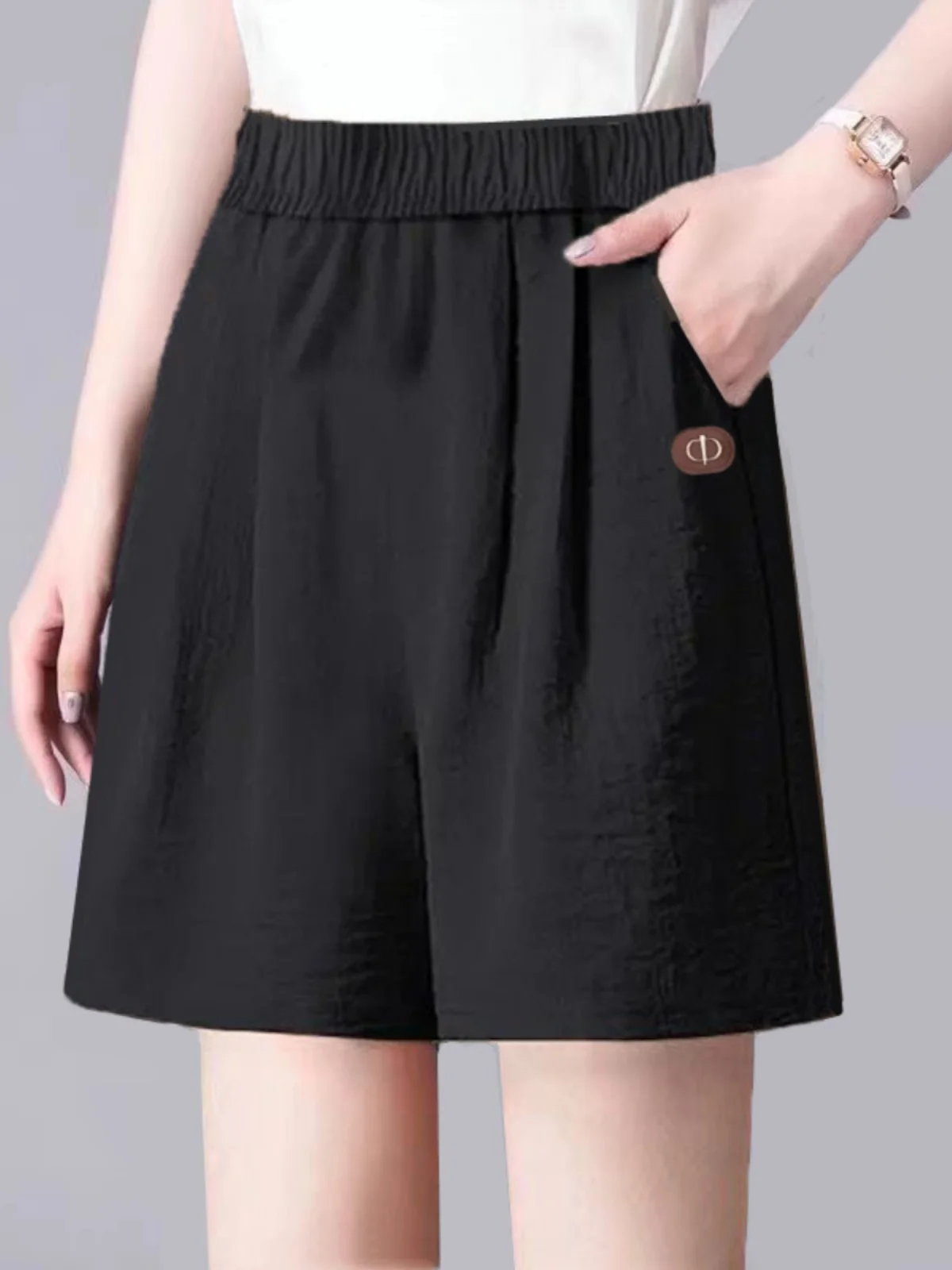 夏用アイスシルクプリーツリネン五分丈パンツ レディース ゆったりストレートレッグ カジュアルワイドレッグパンツ ハイウエスト着痩せ