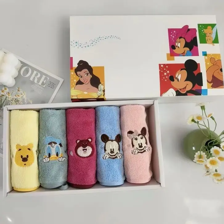 5pcs Disney Mickey，Minnie，Donald Duck，Stitch and Winnie the Pooh Towels, Face Towel,Water Absorbing Small Handkerchief