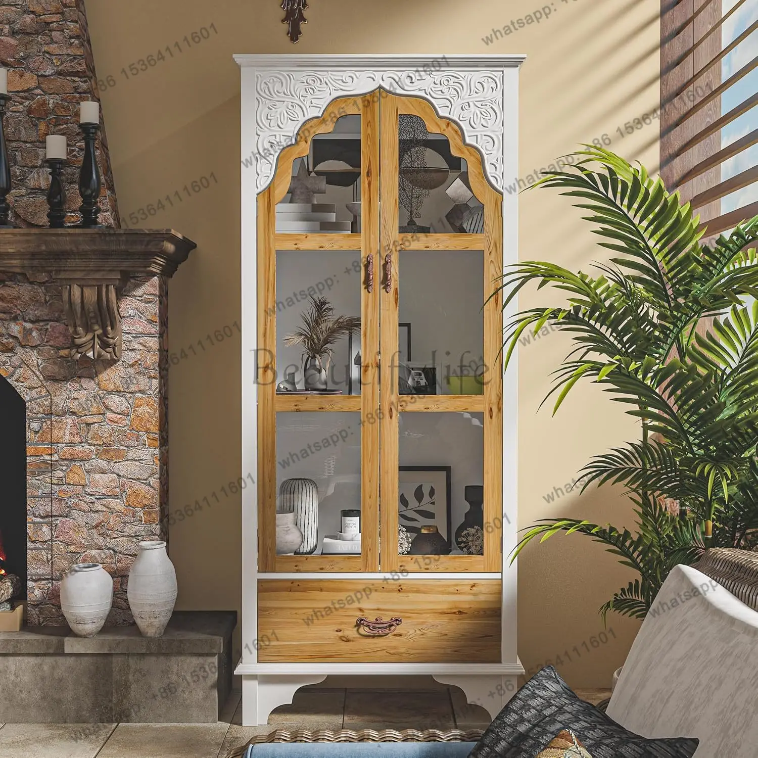 

Modern 3-Tier Storage Cabinet Bookshelf With Carved Doors, Multi-Purpose Storage Cabinet With Drawer & Shelves Home Furniture
