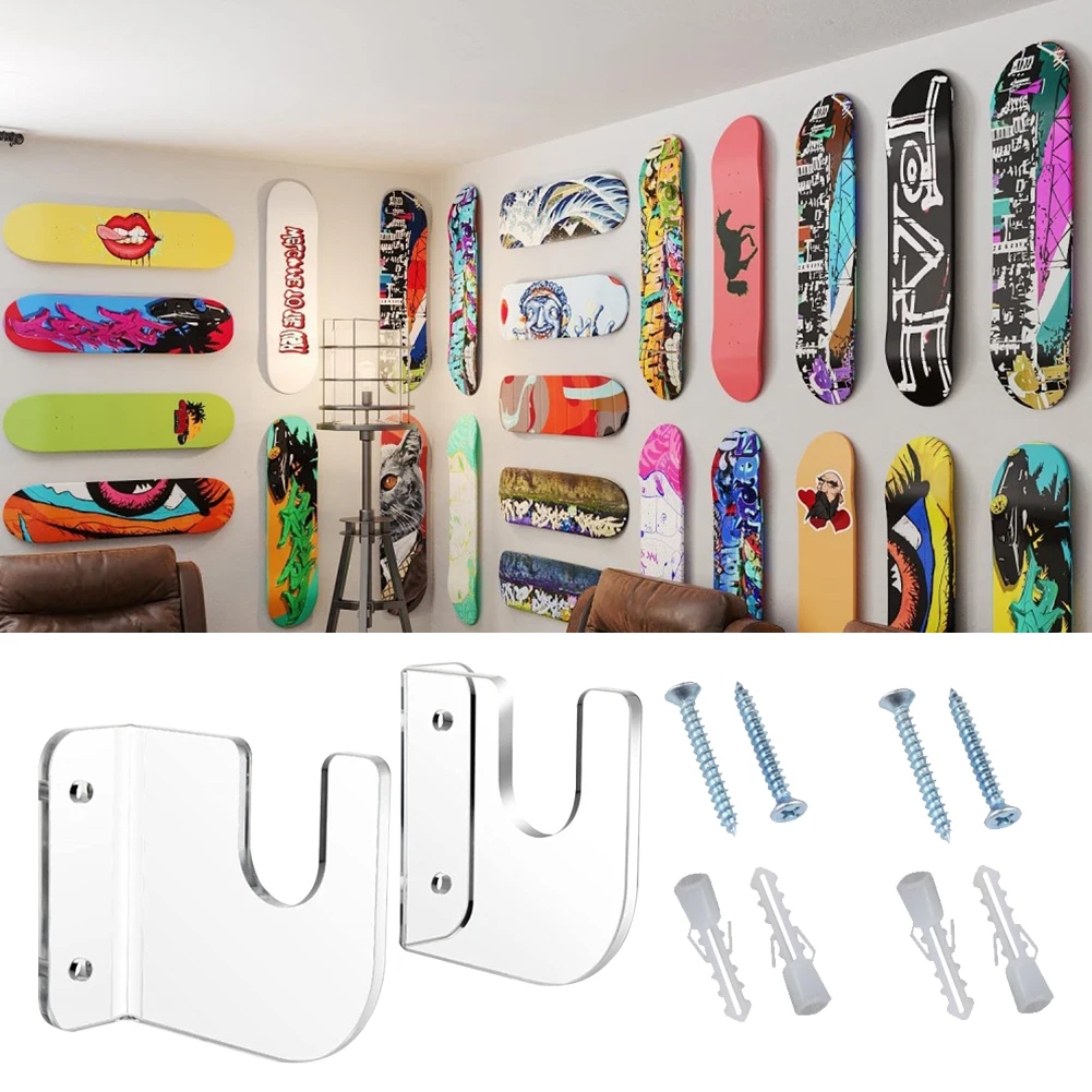 2pcs Skateboard Fixed Mount Acrylic Skateboard Storage Bracket Decoration Easy Install Non-slip for Bedroom Store Office