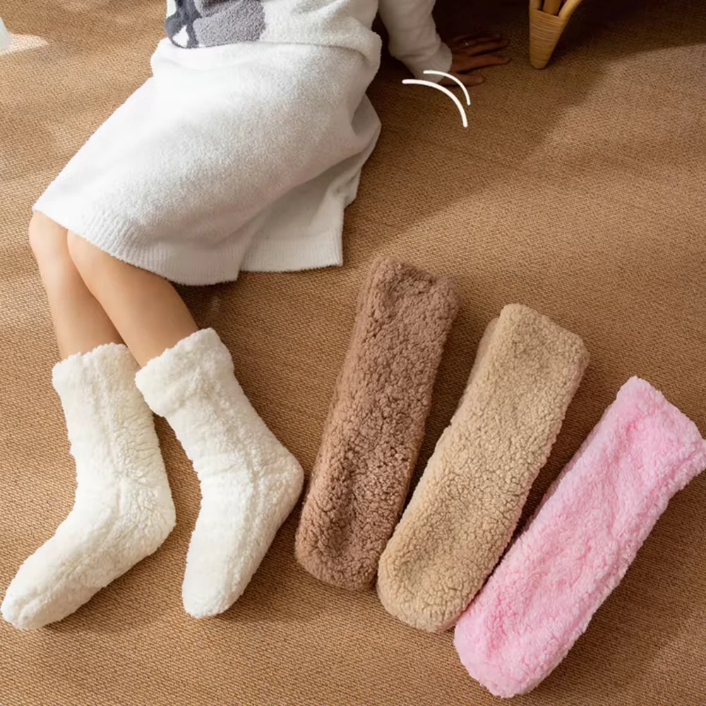 Floor Socks Women Autumn And Winter Velvet Coral Fleece Socks Sleep Home Slippers Snow Socks Confinement Solid Color Socks