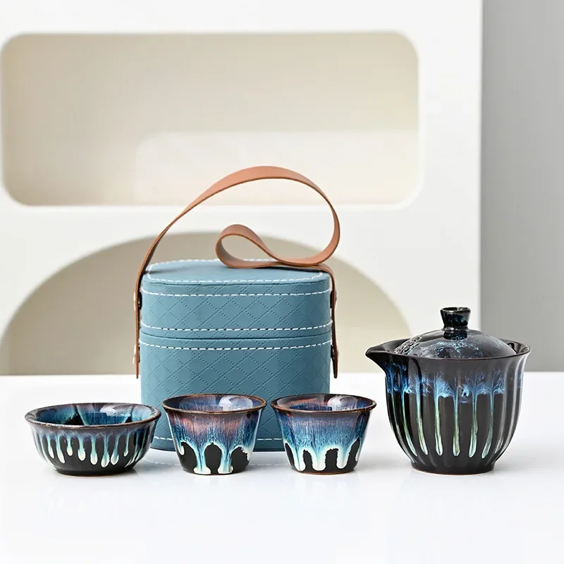 Kiln Brushed Travel Tea Set Ceramic Complete Set One Pot Three Cups Teapot Outdoor Portable Tea Cup Gradient Gift Colorful Cups