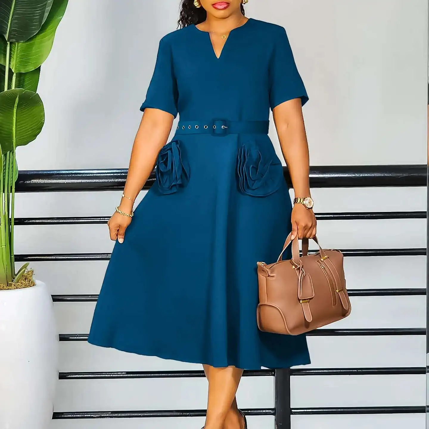

D576 Women's Fashion 2025 Summer New V-neck Elegant Short Sleeve Waist-cinching A-line Dress Plus Size Dress Robe Vestido Women