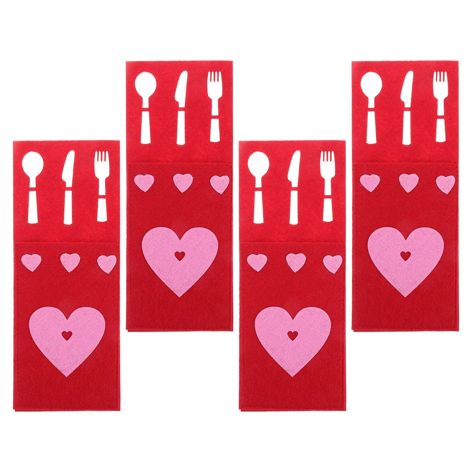 

4 Pcs Cutlery Bag Set Tableware Utensil Sleeve Non-woven Fabric Valentine Day Heart Design Large Capacity Silverware Holder