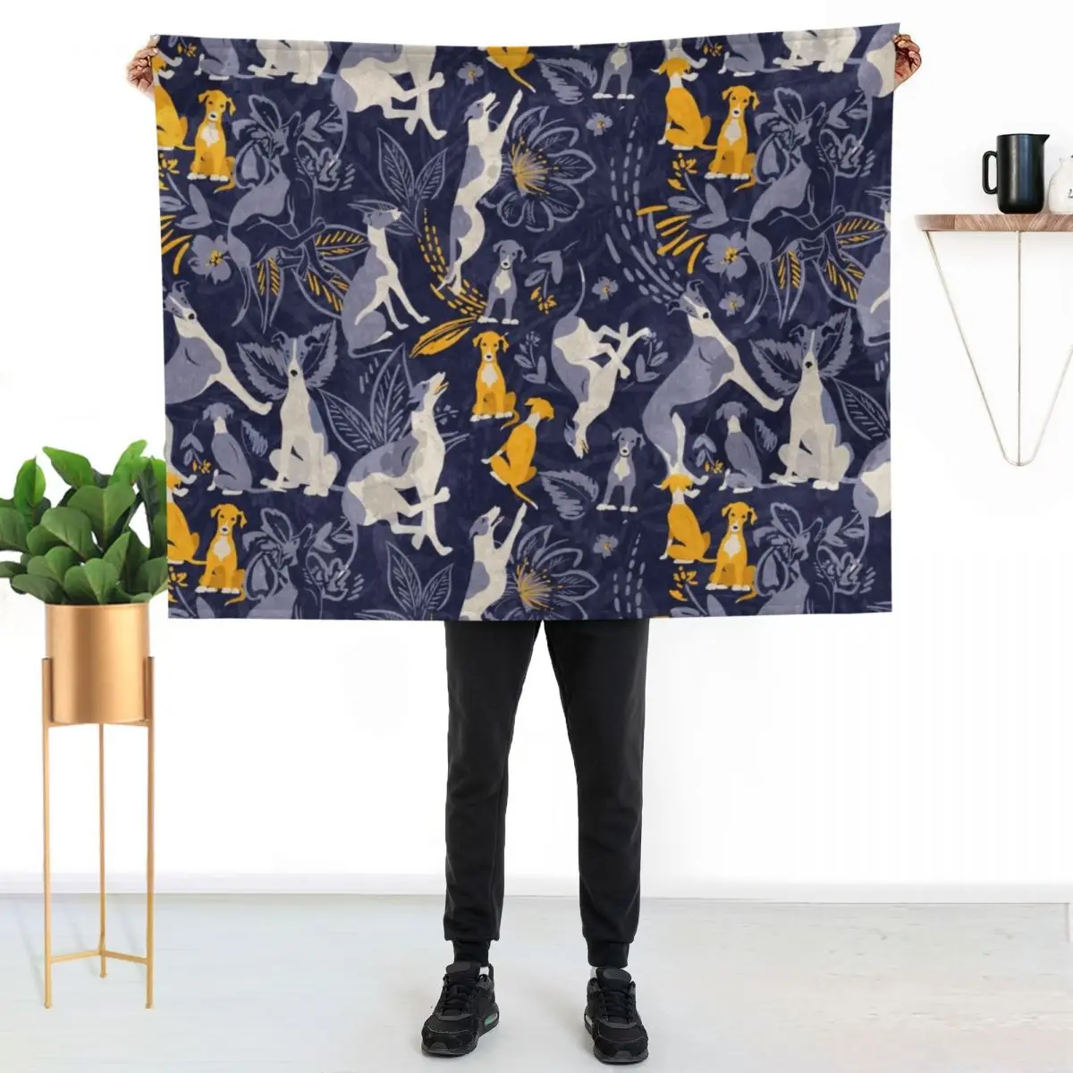 

Greyhound midnight blue and yellow pattern Throw Blanket Machine Washable Soft Warm Blanket