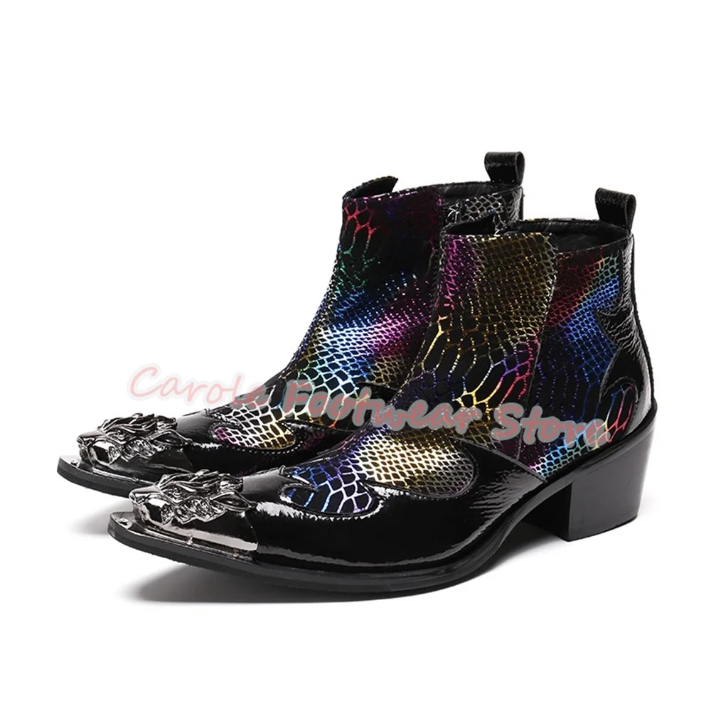 Male Colorful Snake Pattern Splicing Leather Boots Metal Pointed Toe Chunky Heel Chelsea Boots for Men High Top Casual Boots