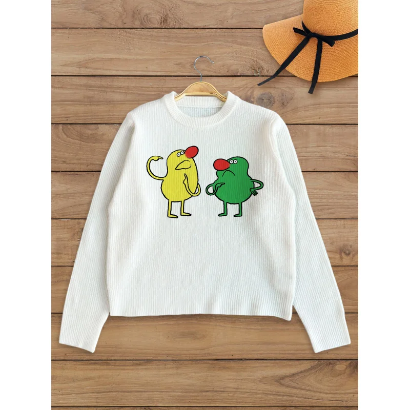 

Green Yellow Playful Print Pattern Women's Knit Pullover Thick, Oversized Crew Neck Long Sleeve Fall/Winter Fashion Style