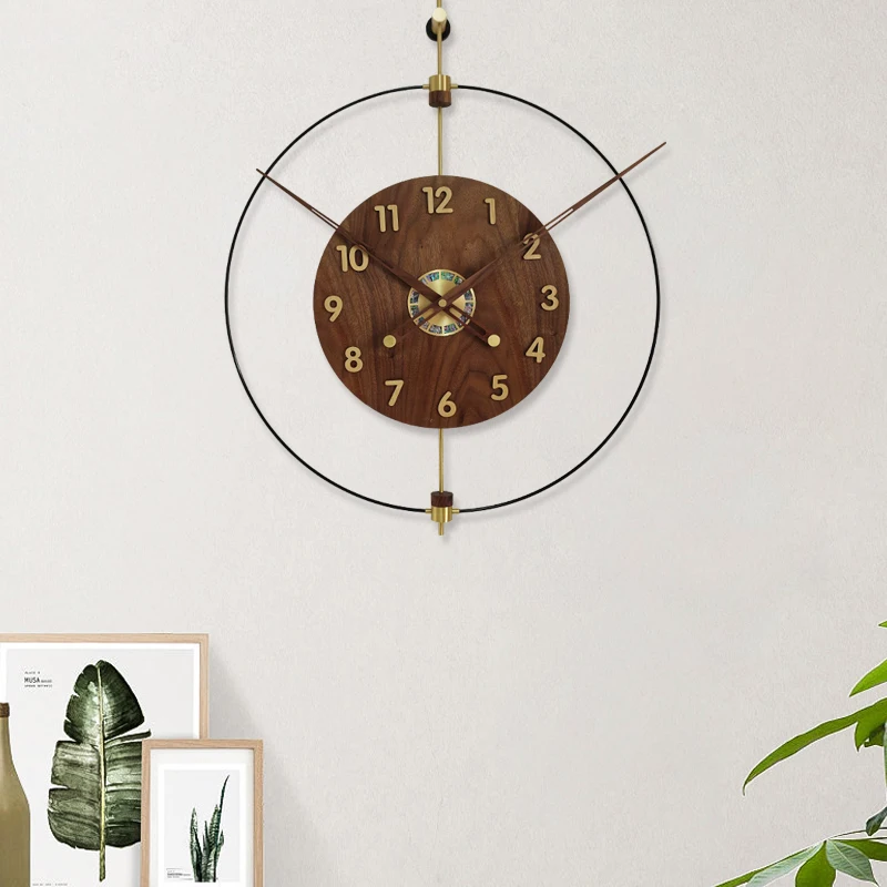 Simple Wall Clock Modern Design Round Solid Wood Clock Home Decoration Luxury Brass Shell Wall Clock Living Room Decoration